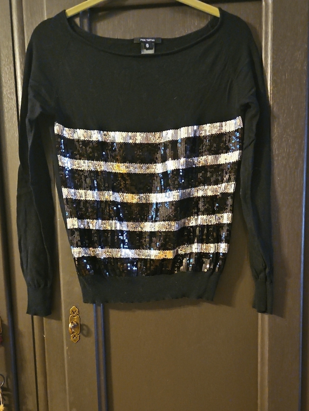 'Pink Tartan' Black And Silver Sequin Knit Top